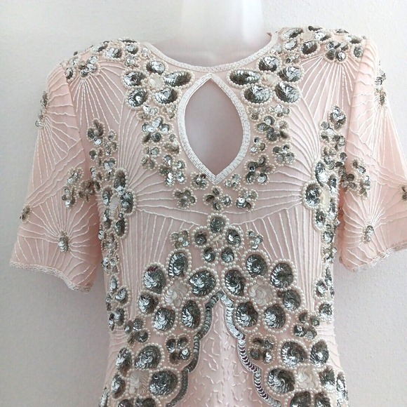 NOS Jennifer Evening Gown MED Pink Midi Silk Bead‎ Sequin Keyhole Barbicore Glam - Picture 3 of 16
